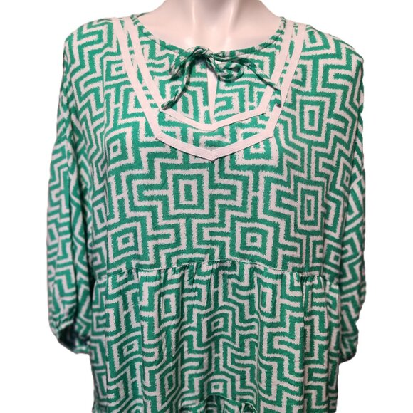 Ruby Rd. dress Women's XL Green white trellis print Split neck 3/4 puff sleeves - Picture 5 of 16